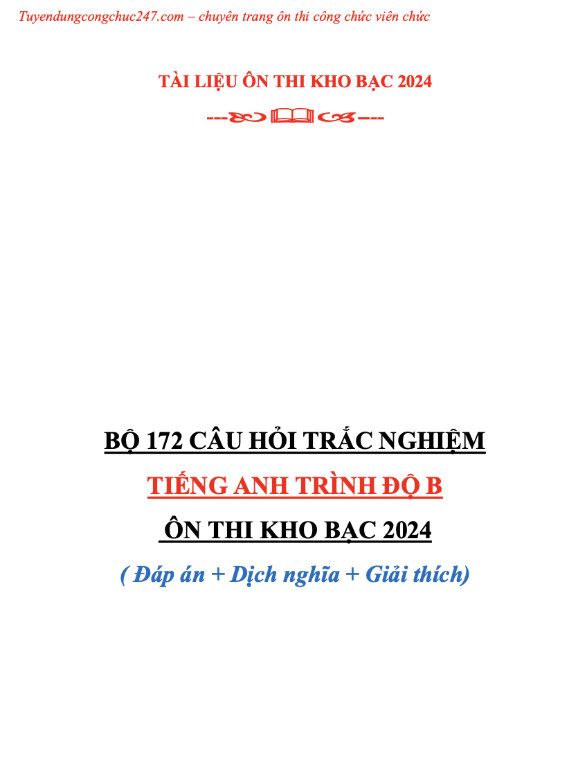 172 câu trắc nghiệm tiếng Anh thi Kho bạc Nhà nước năm 2024 - có đáp án
